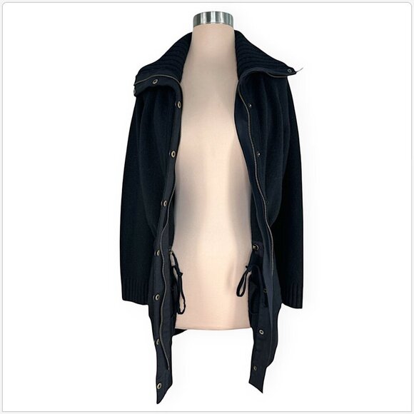 Ralph Lauren Long Black Wool Cinch Waist Cardigan Zip Snap Front Sweater M - Picture 2 of 4